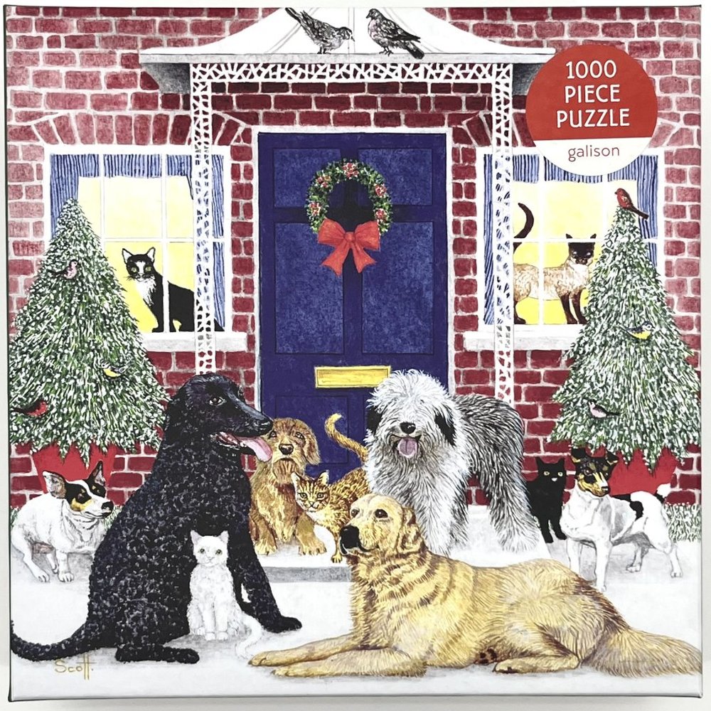 Galison Christmas Cottage Dogs Cats Animals 1000 Piece Puzzle NEW